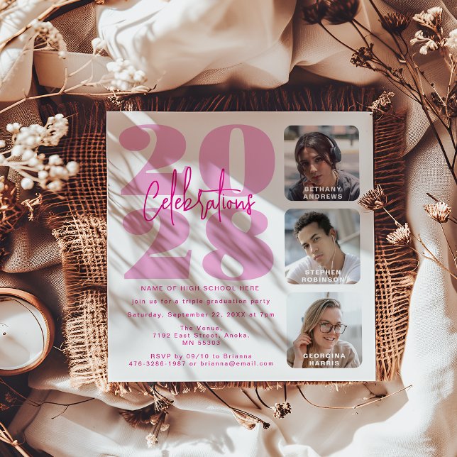 Convite de Formatura Triplo com Foto Rosa Magenta (Criador carregado)