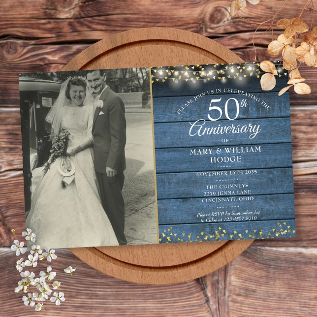Convite de Foto Blue Rustic para o 50º Aniversário (Criador carregado)