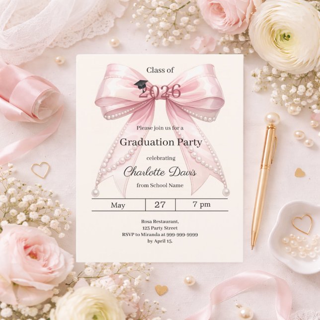 Convite de foto com laço rosa para festa de format (Criador carregado)