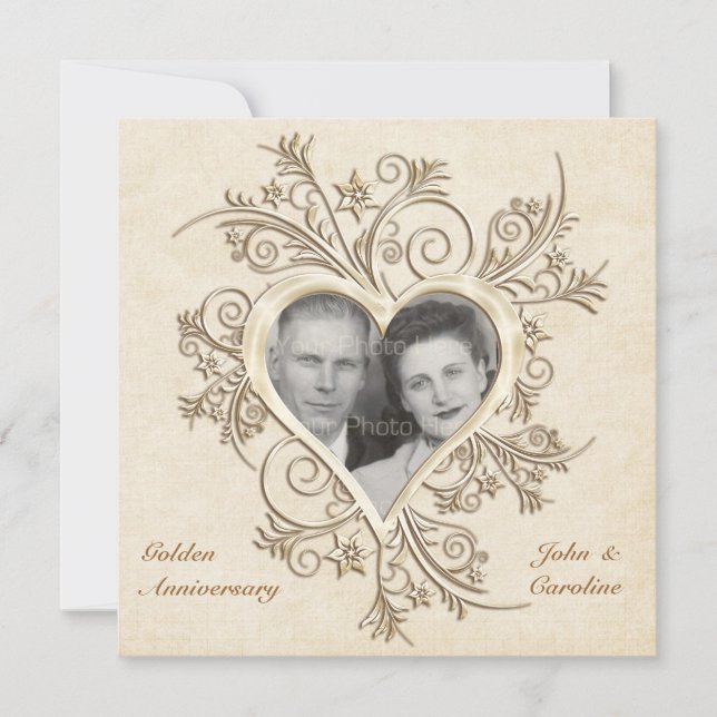 Convite de Foto Coração Dourado de 50º Aniversário (Frente)