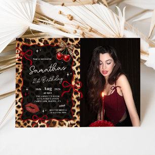 Convite de Foto de Aniversário com Cerejas Leopard