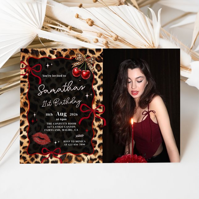 Convite de Foto de Aniversário com Cerejas Leopard (Criador carregado)