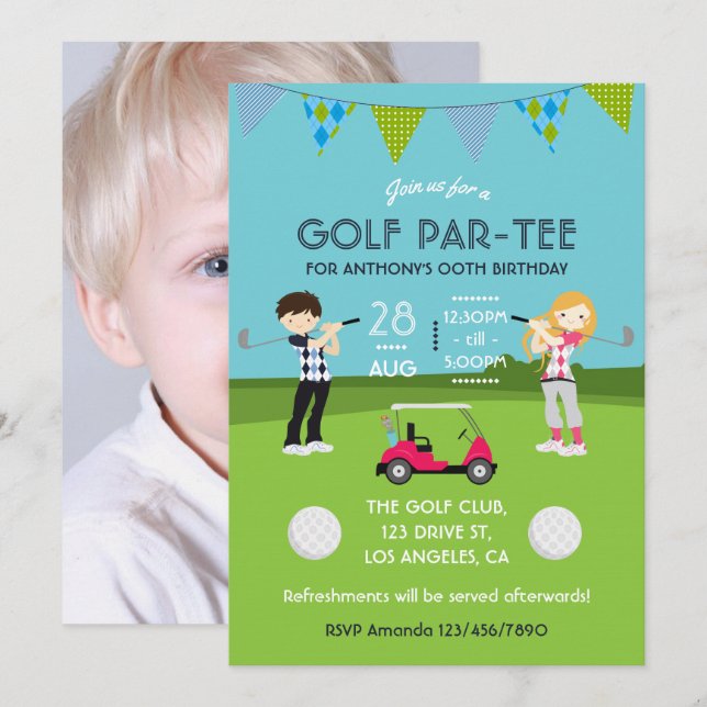 Convite de Foto de Aniversário com Tema de Golfe I (Frente/Verso)
