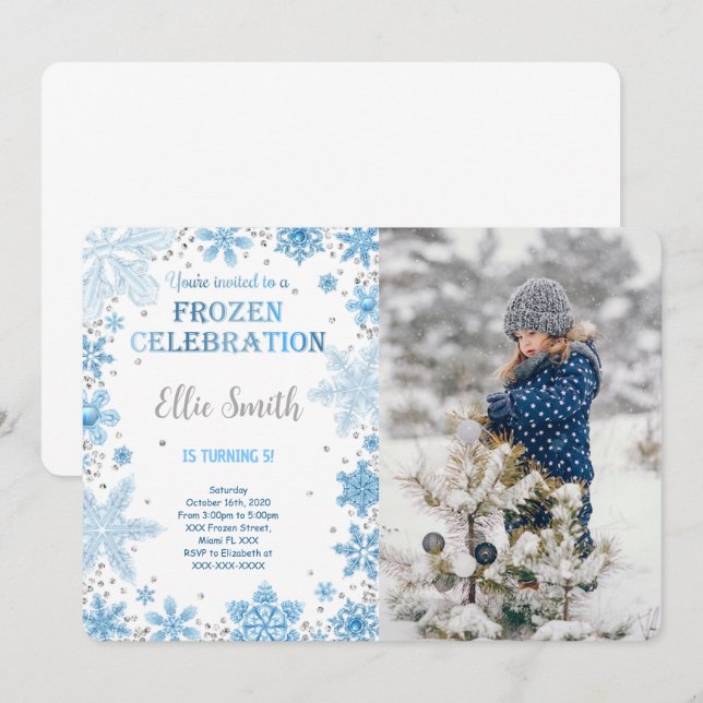 Convite de Foto de Aniversário Congelado Editável (Frente/Verso)