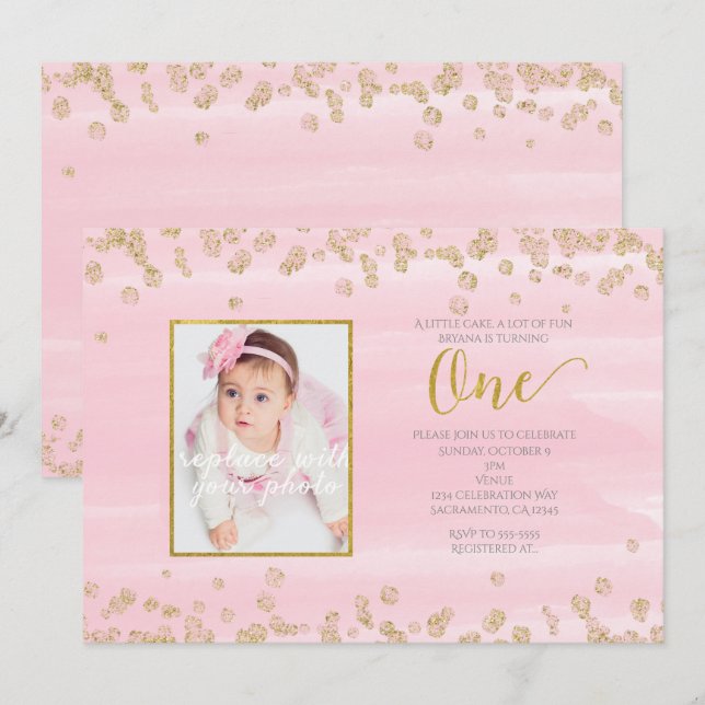 Convite de Foto de Aniversário de 1 ano Blush Pink (Frente/Verso)