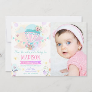 Convite de Foto de Aniversário de 1 ano de Balão d