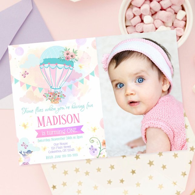 Convite de Foto de Aniversário de 1 ano de Balão d (Criador carregado)