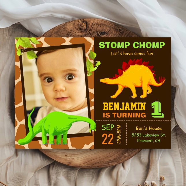 Convite de Foto de Aniversário de 1 ano do Dinossa (Criador carregado)