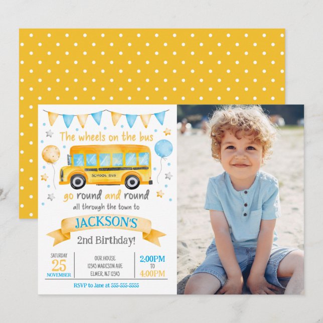 Convite de Foto de Aniversário de 2 anos de Ônibus (Frente/Verso)