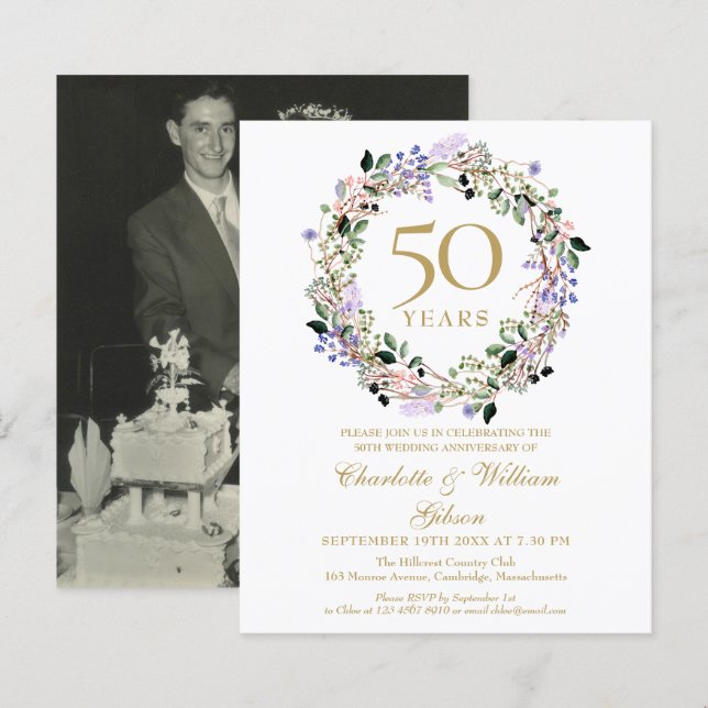 Convite de Foto de Aniversário de 50 anos com Flor (Frente/Verso)