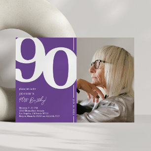 Convite de Foto de Aniversário de 90 Anos Roxo Mod