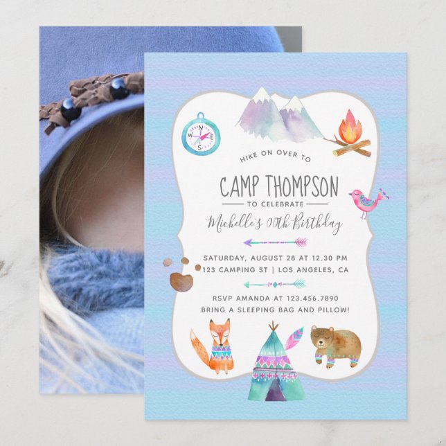 Convite de Foto de Aniversário de Acampamento com  (Frente/Verso)