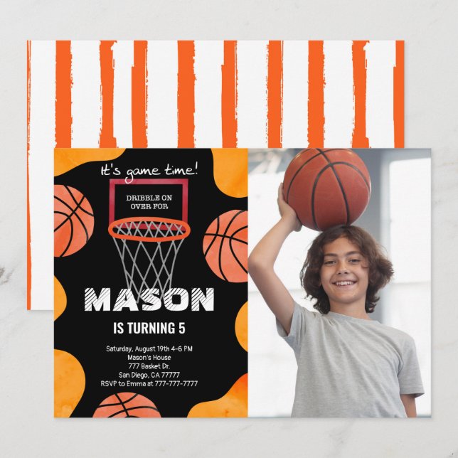 convite de foto de aniversário de basquete (Frente/Verso)