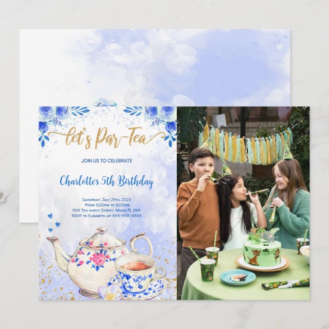 Convite de foto de aniversário de chá azul e rosa (Frente/Verso)