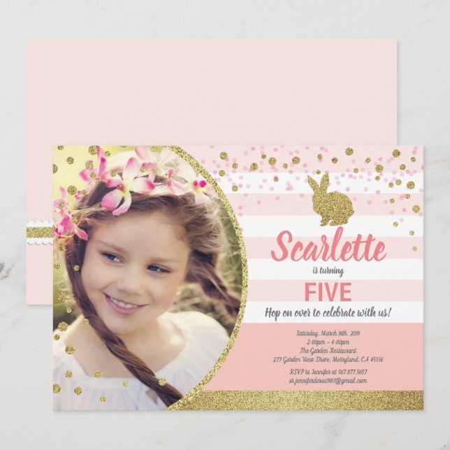 Convite de foto de aniversário de coelhinha rosa d (Frente/Verso)
