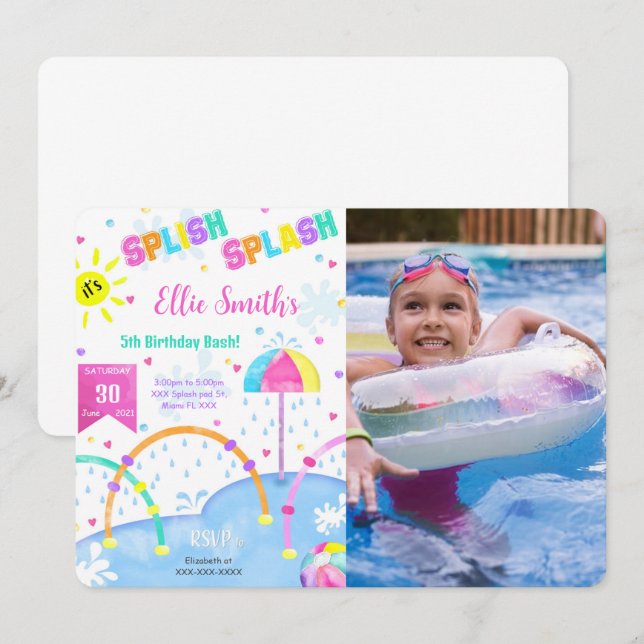 Convite de Foto de Aniversário de Pátio de Borrifo (Frente/Verso)