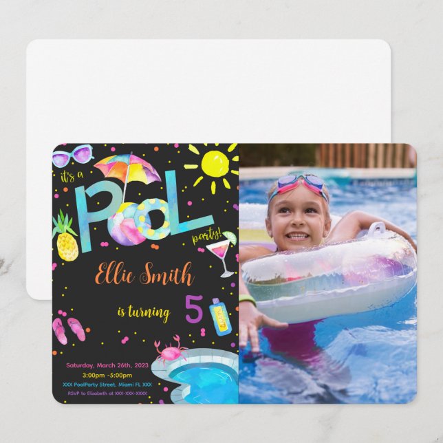 Convite de Foto de Aniversário de Piscina Editável (Frente/Verso)
