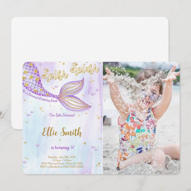 Convite de Foto de Aniversário de Sereia (Frente/Verso)