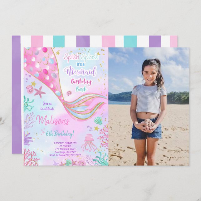 Convite de Foto de Aniversário de Sereia em Aquare (Frente/Verso)