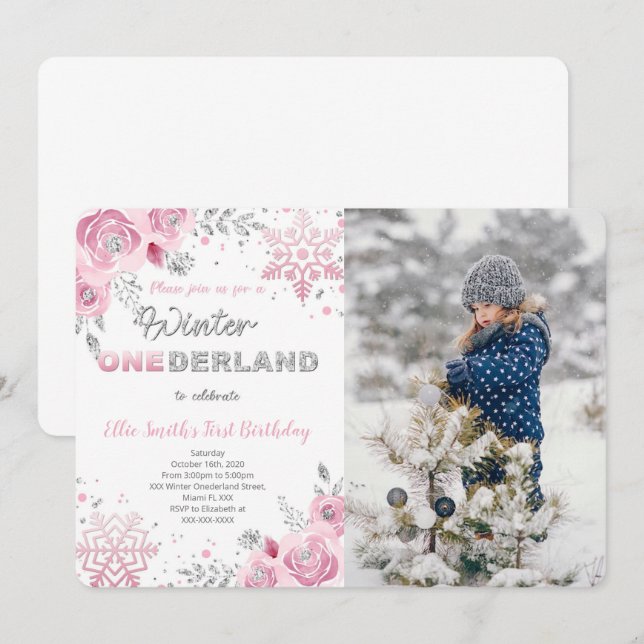 Convite de Foto de Aniversário de Um Ano de Winter (Frente/Verso)