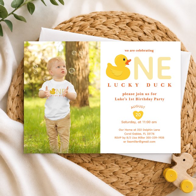 Convite de Foto de Aniversário de Um Ano Lucky Duc (One Lucky Duck Photo Invite)
