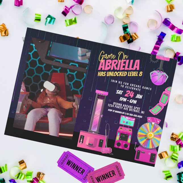 Convite de Foto de Aniversário do Girl Arcade (Criador carregado)
