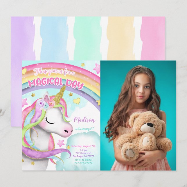 Convite de Foto de Aniversário do Unicorn 6 (Frente/Verso)