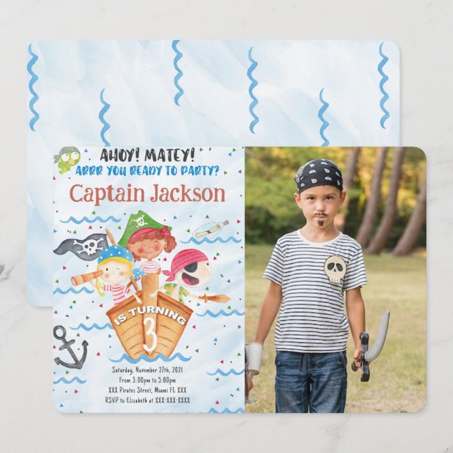 Convite de Foto de Aniversário Pirata (Frente/Verso)