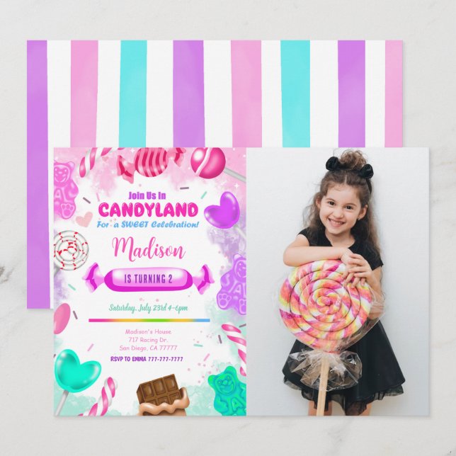 Convite de Foto de Aniversário Terra de Doces (Frente/Verso)