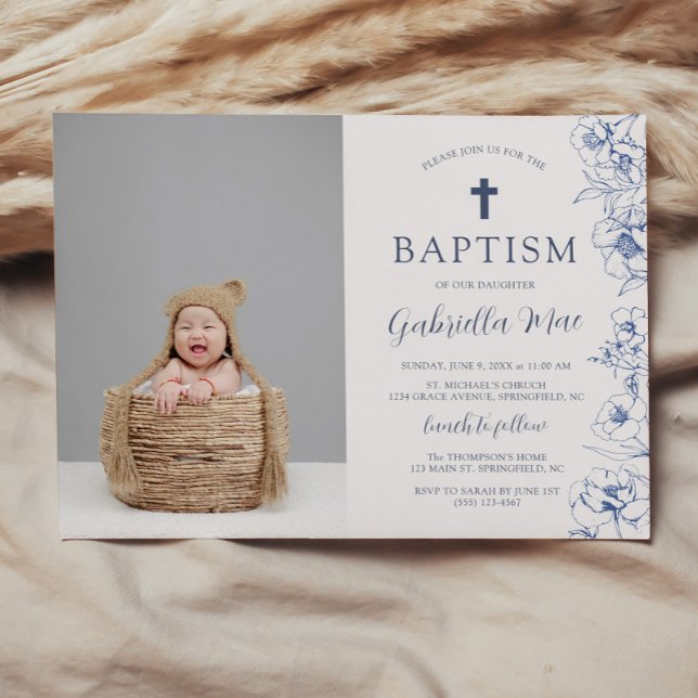 Convite de Foto de Batismo com Flores Azuis Vintag (Vintage Blue Floral Baptism Photo Invitation)