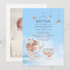 Convite de Foto de Batismo de Anjo Menina Aquarela