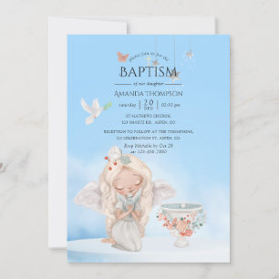 Convite de Foto de Batismo de Anjo Menina Aquarela