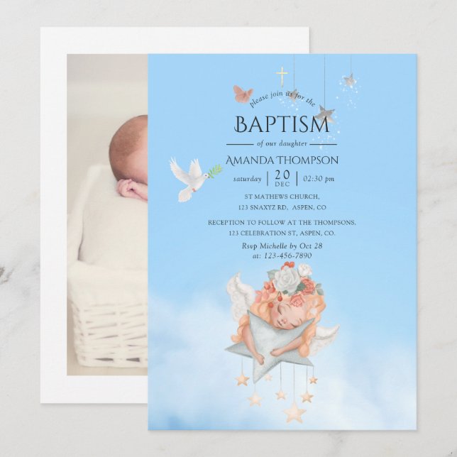 Convite de Foto de Batismo de Anjo Menina Aquarela (Frente/Verso)