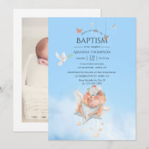 Convite de Foto de Batismo de Anjo Menina Aquarela