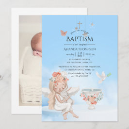 Convite de Foto de Batismo de Anjo Menina Aquarela