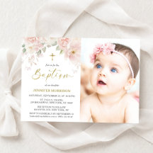 Convite de Foto de Batismo de Menina com Floral Ro