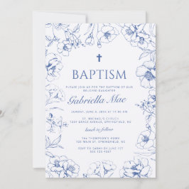Convite de Foto de Batismo Floral Azul