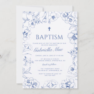 Convite de Foto de Batismo Floral Azul