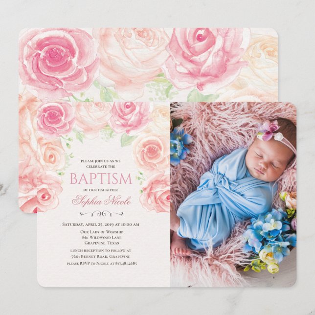 Convite de Foto de Batismo Floral em Aquarela (Frente/Verso)
