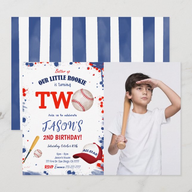 Convite de Foto de Beisebol de Aniversário de 2 An (Frente/Verso)