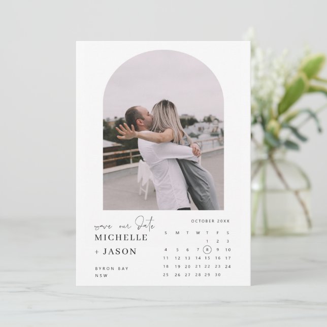 Convite de Foto de Calendário Arqu Save the Date (Em pé/Frente)