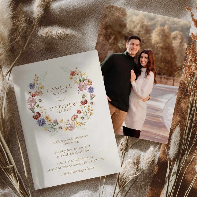 Convite de Foto de Casamento com Jardim de Flores  (Wildflower Fall Wedding Invitation)