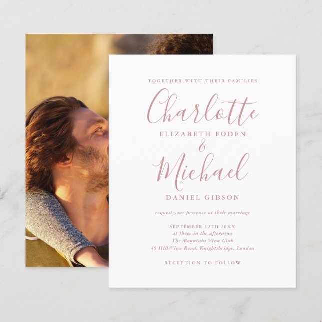 Convite de Foto de Casamento com Letra Script Rosa (Frente/Verso)
