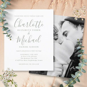 Convite de Foto de Casamento com Rótulo Verde Sage