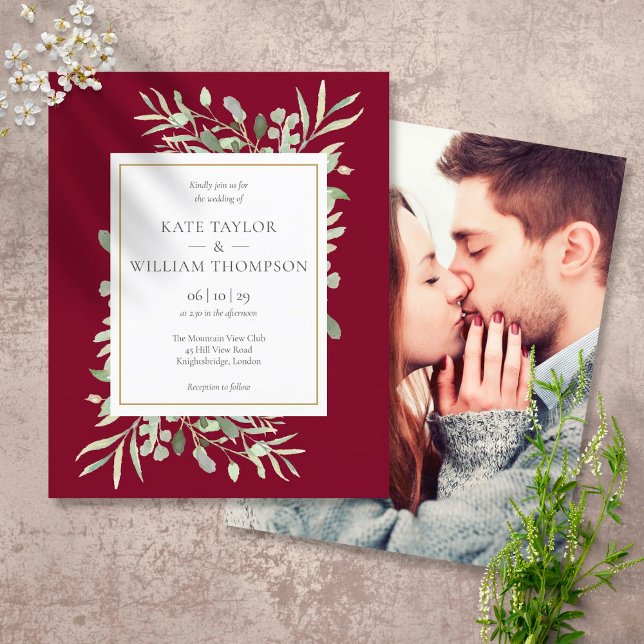 Convite de Foto de Casamento com Verde de Borgonha (Criador carregado)
