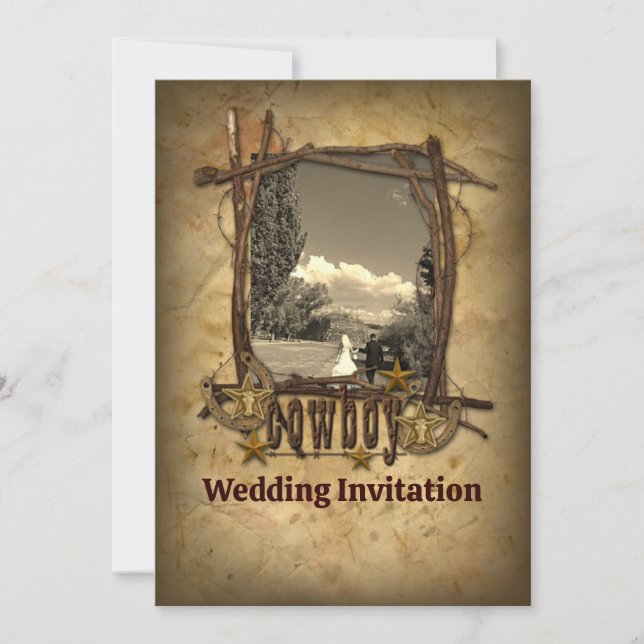 convite de foto de casamento de cowboy no país oci (Frente)