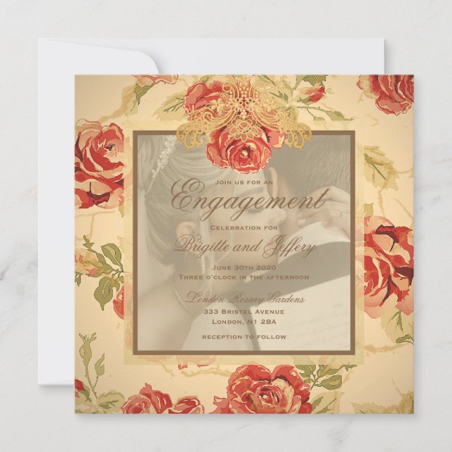 Convite de foto de casamento de rosa vermelha rúst (Frente)