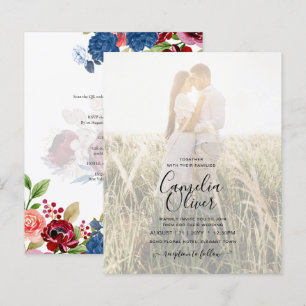 Convite de Foto de Casamento Floral Azul Rústico d