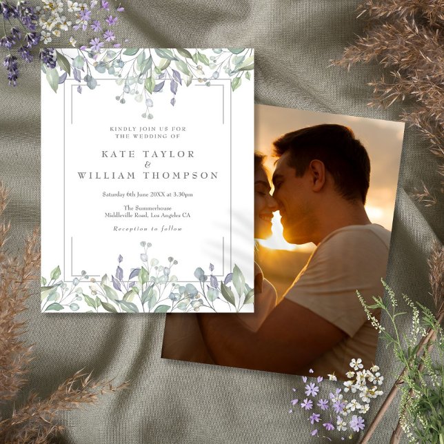 Convite de Foto de Casamento Floral Verde Econômic (Budget Greenery Floral Wedding Photo Invitation)