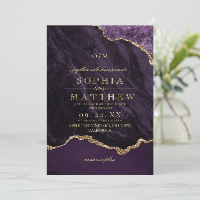 Convite de Foto de Casamento Moderno Roxo Dourado (Em pé/Frente)